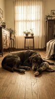 Cozy bedroom interior with relaxed dog resting on wooden floor near window with warm sunlight filtering through curtains and houseplants.