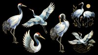 Japanese crane birds set in elegant ink art style, isolated on transparent background. Great for t-shirt design, stickers, sublimation, and print on demand clipart.