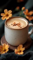 Creamy latte in ceramic mug decorated with orange cosmos flowers on wooden coaster. Dark moody background with soft focus floral elements creates cozy atmosphere.