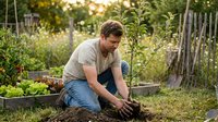 Caucasian male farmer planting seedling in vegetable garden bed outdoors, sustainable agriculture and organic gardening practice for home food production.