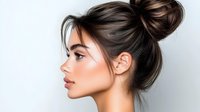 Side profile of young Asian woman with messy bun hairstyle and natural makeup against light background, showing clean glowing skin and defined features.
