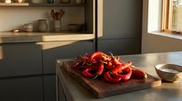 Fresh red bell peppers sliced on wooden cutting board in modern kitchen with natural sunlight streaming through window creating warm cooking atmosphere.