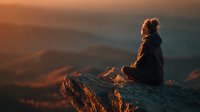 Young woman sitting on mountain rock during golden hour sunset enjoying peaceful moment in nature with warm orange light and scenic valley view below.