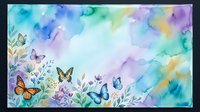 Watercolor background with colorful butterflies and wildflowers in soft blue, purple, and teal tones, perfect for cards and invitations.