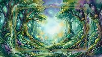 Enchanted forest clearing with magical light streaming through ancient trees and ornate golden frame border for fantasy designs.