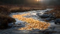 Sunlight reflects on flowing stream creating golden path through rocky riverbed at sunset, mystical autumn nature scene with dark moody atmosphere.