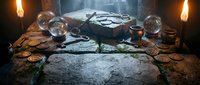 Ancient mystical altar with crystal orbs, burning candles, coins and ritual objects creating atmospheric fantasy scene for gaming and occult themes.