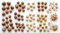 Assorted hazelnuts and blanched nuts arranged in organized groups showing whole nuts, halved kernels, and crushed pieces on white background for culinary and design use.
