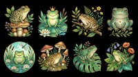 Cute frog clipart set with mushrooms, flowers, and leaves, isolated on transparent background. Great for stickers, t-shirt design, print on demand, and sublimation crafts.