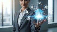 Professional businesswoman presenting digital banking technology with holographic financial icons and security symbols in modern office environment.