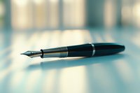 Elegant fountain pen with metallic accents lying on reflective surface in soft focus. Dramatic lighting creates artistic mood for business and writing concepts.