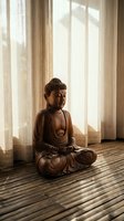Wooden Buddha statue in meditation pose on bamboo floor with soft natural light filtering through curtains creating peaceful zen atmosphere for mindfulness practice.