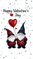 Cute gnome couple in red polka dot outfits holding heart balloon against white background with falling dots. Valentine's Day greeting card design on isolated background.