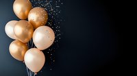 Elegant gold and beige party balloons floating against dark background with glittering sparkles, creating luxurious festive atmosphere for celebrations.
