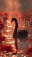 Elegant black swan gliding through misty pond at sunset, surrounded by red flowers creating magical atmosphere for nature photography.