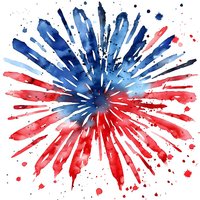 Watercolor firework explosion in red and blue colors with paint splatter effect on white background, patriotic celebration artwork for holiday designs.