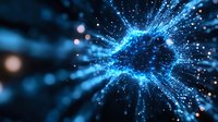 Glowing blue energy explosion with light particles and bokeh effects radiating from center against dark background, creating dynamic motion blur effect.