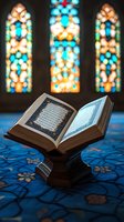 Open religious book on wooden stand against stained glass windows background with blue and orange bokeh lights, ornate carpet underneath creating spiritual atmosphere.