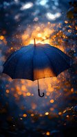 Blue umbrella against dramatic stormy sky with golden bokeh lights and raindrops, creating magical atmosphere for conceptual design and mood photography.