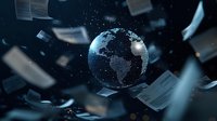 Digital Earth globe surrounded by floating paper documents in dark space with stars, representing global information flow and worldwide data exchange networks.