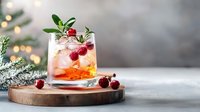 Festive winter cocktail with cranberries and fresh herbs on wooden serving board against blurred holiday lights background. Perfect for seasonal entertaining.