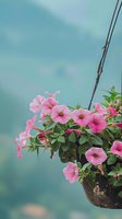Pink petunia flowers blooming in hanging basket against blurred turquoise background, fresh green leaves create natural garden atmosphere.