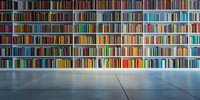 Modern library interior with rows of colorful books on white shelves spanning entire wall, reflective gray floor creates minimalist academic atmosphere. For education and learning concepts.