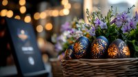 Decorative Easter eggs with traditional folk patterns in wicker basket alongside spring flowers and soft bokeh lights creating festive holiday atmosphere.