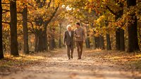 Couple walking together on autumn tree-lined path covered with golden fallen leaves, enjoying romantic fall season outdoors.