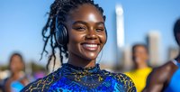 Young African American woman with braids wearing wireless headphones and colorful blue pattern top smiles radiantly against urban skyline background on sunny day.