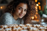 Young Mediterranean woman with curly hair smiling warmly in cozy holiday setting with bokeh lights and festive cookies, wearing casual gray sweater.