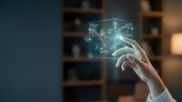 Hand touching futuristic holographic interface with glowing network connections and digital icons in modern office environment for technology concepts.