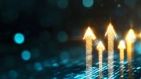 Glowing upward arrows made of digital particles rise against dark background with bokeh lights, representing financial growth and market success.