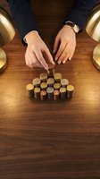 Businessman hands organizing coin stacks on wooden desk for financial planning and investment strategy management.
