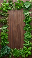 Fresh herbs frame on rustic wooden background with copy space for culinary designs, cooking recipes, healthy eating and organic food concepts.