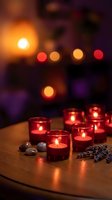 Red glass candle holders with flickering flames create warm ambient lighting on wooden table with decorative elements and colorful bokeh background.