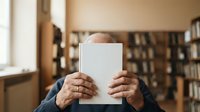 Man holding blank white book cover in library with bookshelves in background, suitable for publishing mockups and educational content.