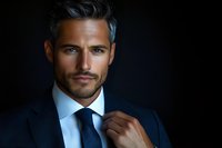 Professional Caucasian male model in navy suit and tie adjusts collar against dark background, dramatic lighting highlights strong facial features and confident expression.