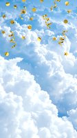 Golden confetti, stars, and streamers falling against a bright blue sky with fluffy white clouds, evoking celebration and festive joy.