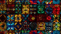 Vibrant geometric mosaic pattern with stained glass effect featuring colorful squares filled with tribal and modern design elements. Perfect for backgrounds, textile prints and digital art.