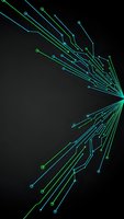 Digital circuit board pattern with glowing green and blue lines radiating from center on black background for technology designs.