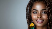 Young African American woman with dreadlocks and colorful earrings smiling against gray background, showcasing natural beauty and confidence.