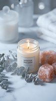Winter balsam scented candle burning with himalayan salt crystals and eucalyptus leaves creating cozy spa atmosphere for relaxation and wellness.