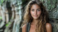 Young woman with curly hair leaning against tree trunk in natural outdoor setting, casual portrait photography for lifestyle and nature concepts.