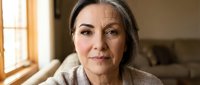 Portrait of confident mature Caucasian woman with gray hair in cozy home interior, natural lighting from window creating warm atmosphere for lifestyle content.