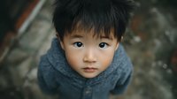 Young Asian boy child looking up at camera wearing gray hoodie sweater outdoors on stone pavement ground with serious curious expression for childhood concept.
