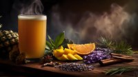 Refreshing tropical fruit juice with steaming vapor surrounded by fresh pineapple, mango slices, orange, lavender, and aromatic herbs on rustic wooden surface.