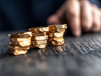 Stacked gold coins on dark textured surface with blurred hand in background, showcasing wealth, investment and financial concepts in macro photography.