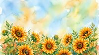 Watercolor sunflower border with yellow blooms and green leaves on soft pastel sky background for greeting cards and decorative designs.