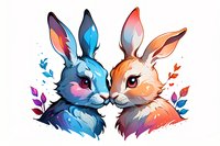 Adorable artistic illustration of two rabbits in contrasting blue and orange colors touching noses, decorated with watercolor style floral elements perfect for nursery art or greeting cards.